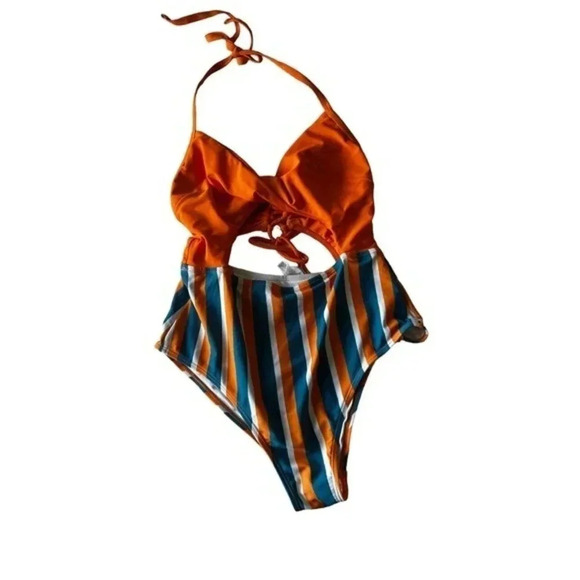 Cupshe Kylie Halter Lace Up Twist One Piece Swimsuit Size L orange blue stripe - Picture 6 of 6